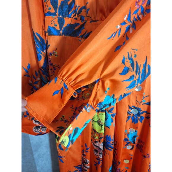 Free People Maxi Dress Sz L Orange Floral Wrap Bodice Side Button Front Boho - Picture 8 of 12